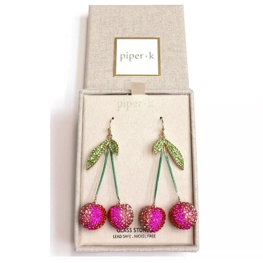 Piper K Rhinestone Glass Cherry Drop Dangle Earrings Bright Pink Green Gold
N - Picture 3 of 6